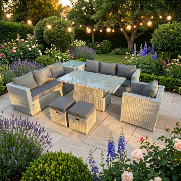 Fimous 9 Seater Rattan Garden Furniture Set with Height Adjustable Rising Table, 2 Sofas, 1 Chair & 2 Footstools - Light Grey