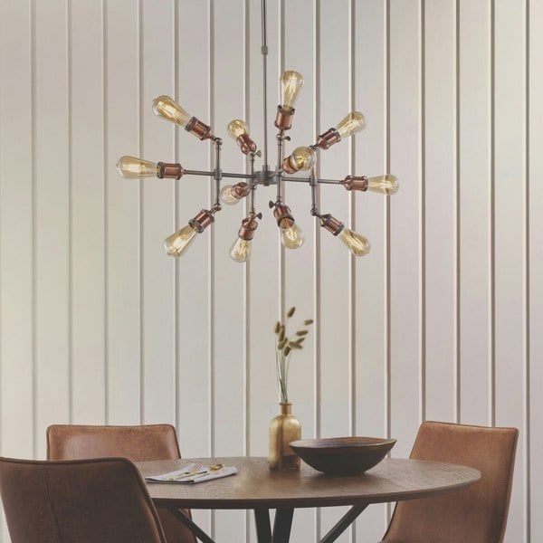 Ceiling Pendant Light - Aged Copper & Aged Pewter Plate - 12 x 40W E27 Loops