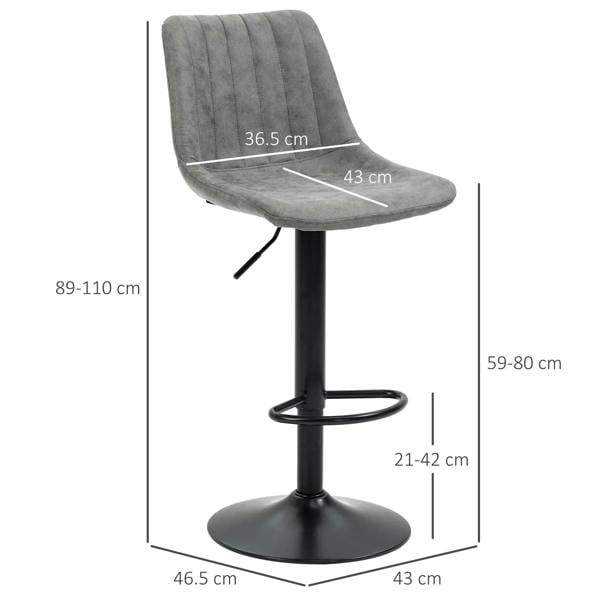 Grey bar stool with quilted back and seat, black height-adjust pedestal base