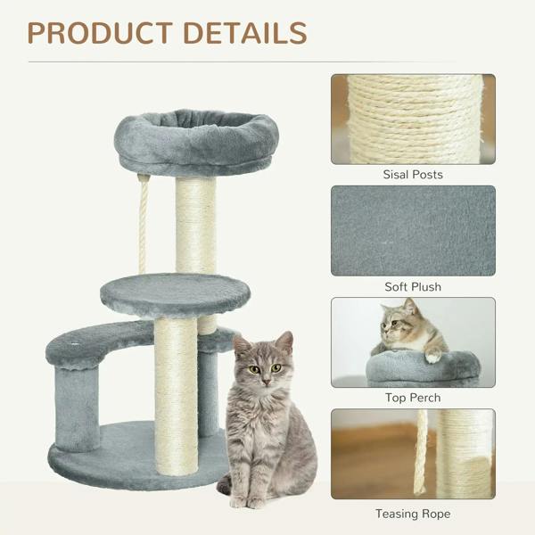 Grey cat tree with plush perches, sisal posts, and teasing rope detail