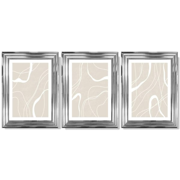 Set of 3 Abstract Neutral Beige Framed Art Prints with Glossy Chrome Frames