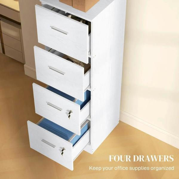 White four-drawer filing cabinet with open drawers showing blue file compartments