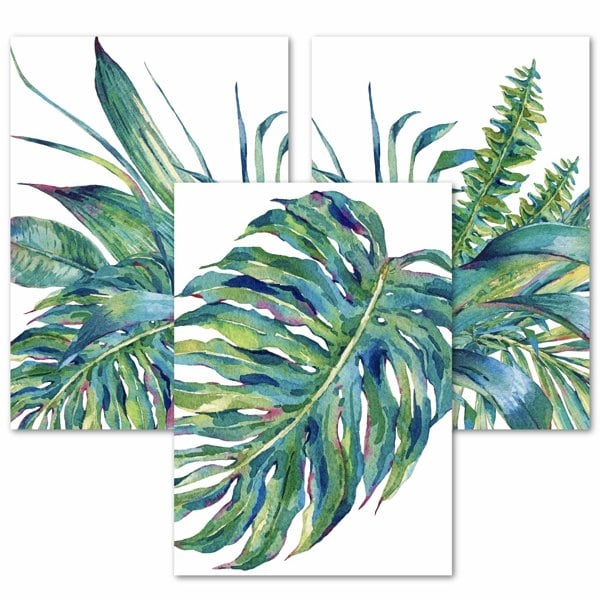 Set of 3 Watercolour Green Blue Tropical Leaves Wall Art Framed Prints | Artze Wall Art UK