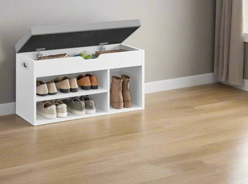 Modcraft White Shoe Storage Bench with Cushion, Hidden Compartment & 3 Shelves, 150kg Capacity