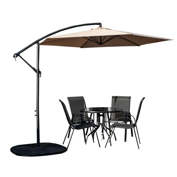 Samuel Alexander Outdoor 4 Person Round Glass Top Garden Dining Table Chairs With Beige Banana Parasol and Base