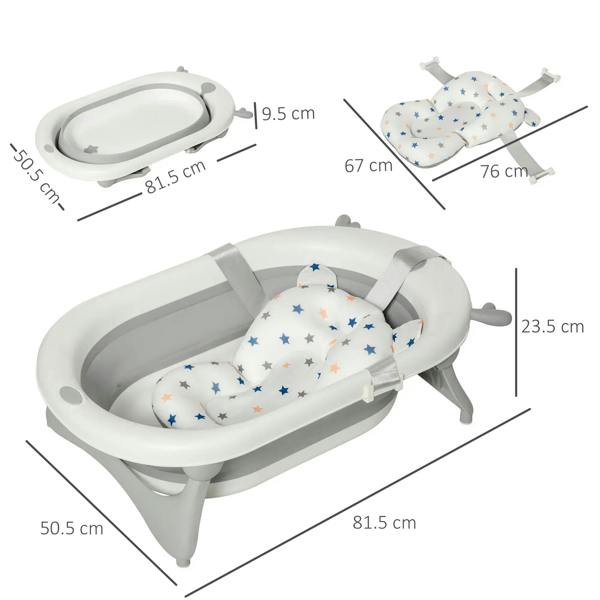 Off-white and gray foldable baby bathtub with star cushion, padded headrest, and side handles