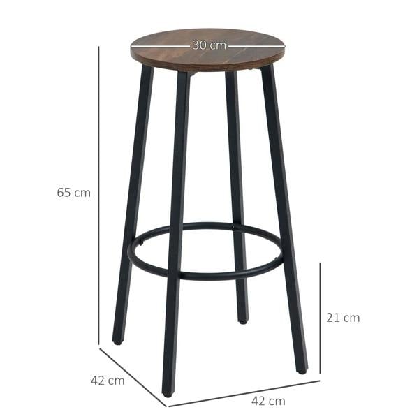 Tall bar stool with round rustic brown seat, black steel legs, and circular footrest