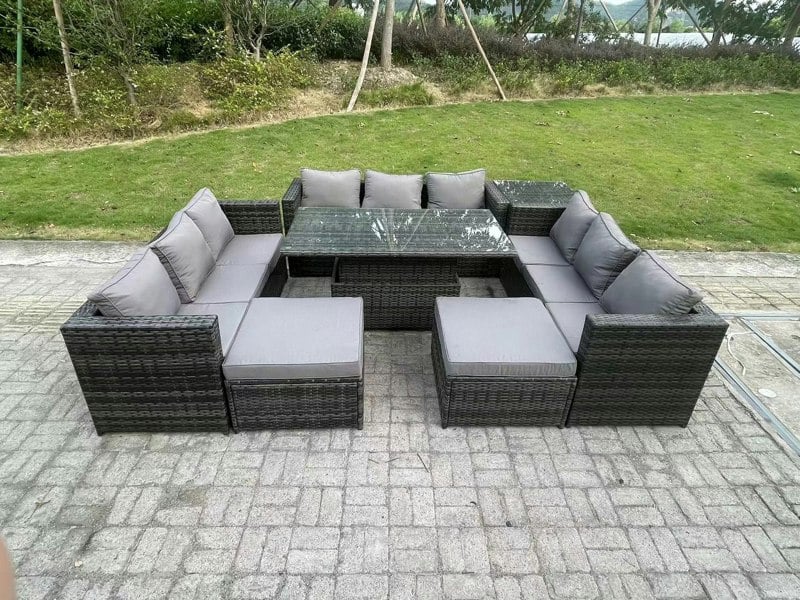 Fimous 11-Seater Dark Grey Rattan Outdoor Sofa Set | Adjustable Rising Dining Table, Side Table, 2 Large Footstools