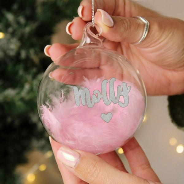 Personalised Memento Company Personalised Pink Feather Silver Heart Glass Bauble