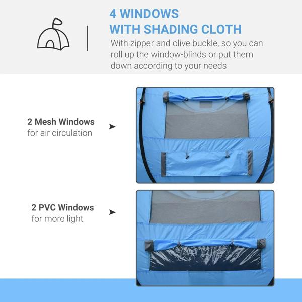 Pop-up tent with 4 windows: mesh and PVC panels with roll-down shading cloth