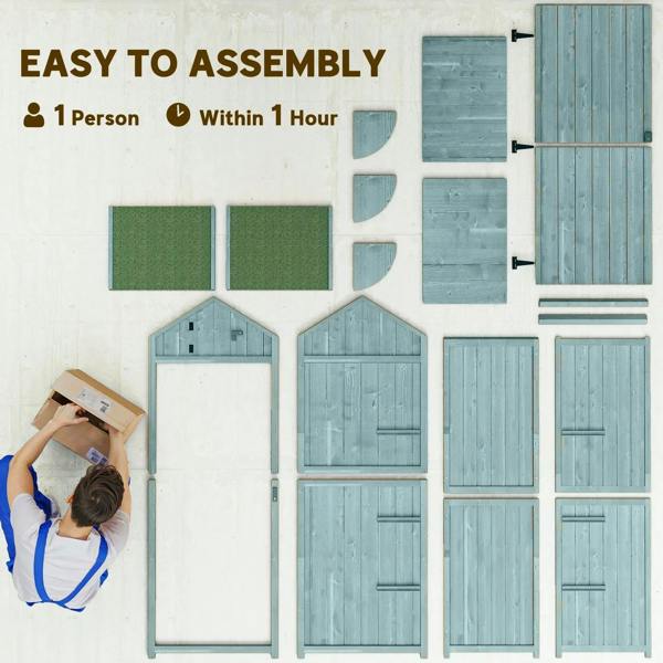 Blue wooden utility shed kit with flat panels and door sections for assembly
