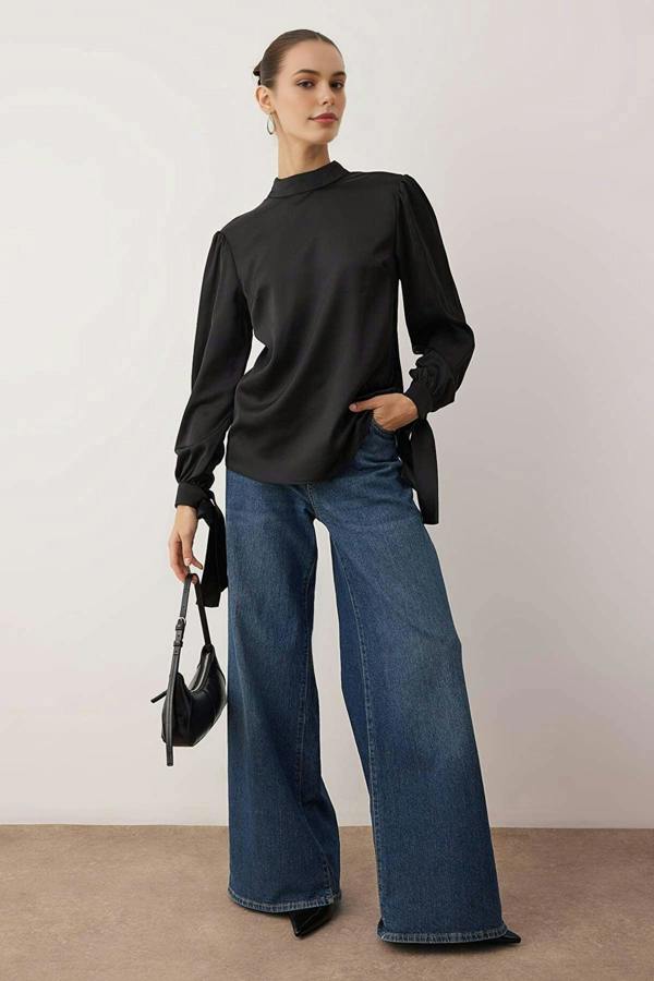 WOVCOR Satin Woven Blouse with Tie Detail