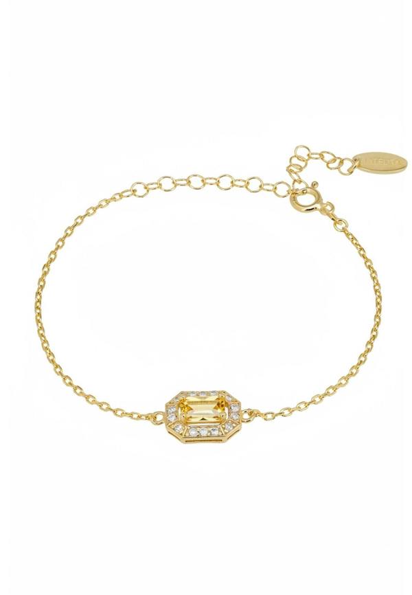 Gold bracelet with a green gemstone on a white background