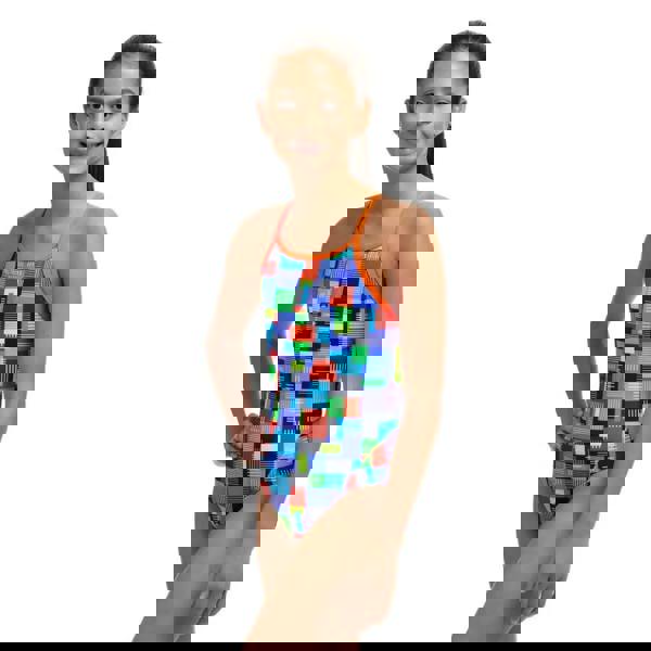 Funkita girls chip set diamond back swimsuit in multi geometric pattern