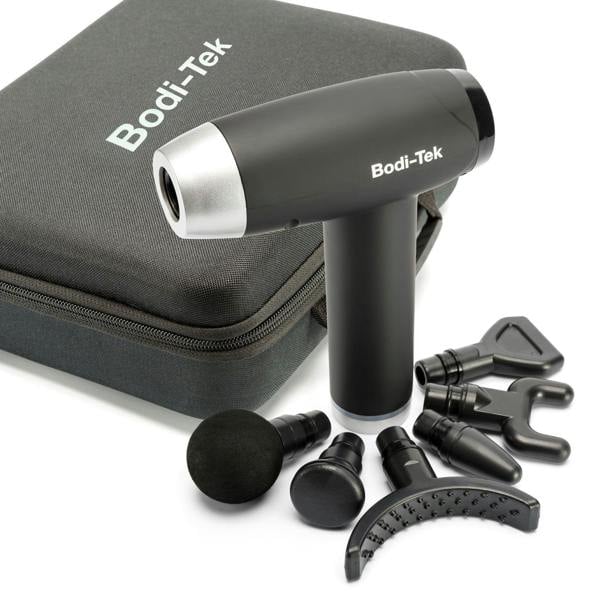 The Deep Tissue Sports Massage Gun is shown with a carrying case and six interchangeable heads—including round, flat, fork, and bullet shapes—ideal for deep tissue massage and muscle recovery—all set against a white background.