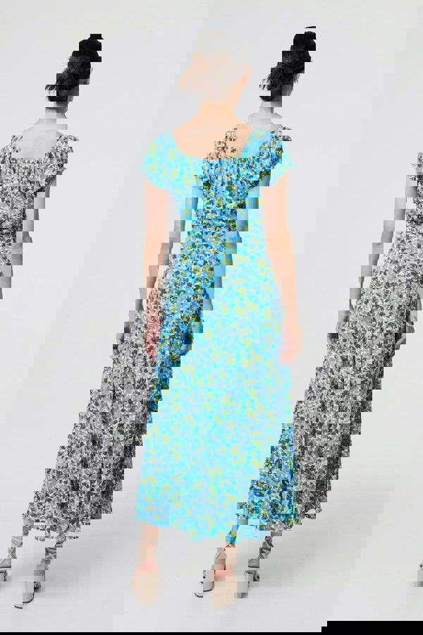 Blue | Ditsy Floral Bardot Smock Midi Dress
