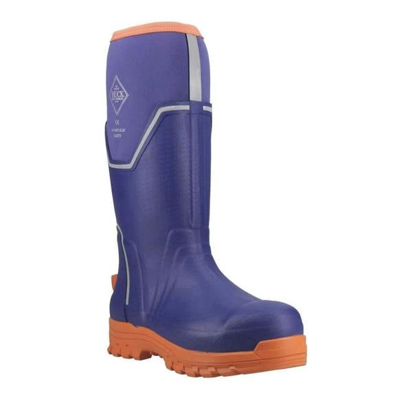Muck Boots MUCK Boots GRIT S5 Womens Tall Safety Composite Toe/Midsole Wellie, image of a blue tall safety wellie with orange sole and toe area, featuring a reflective strip and protective composite toe design.