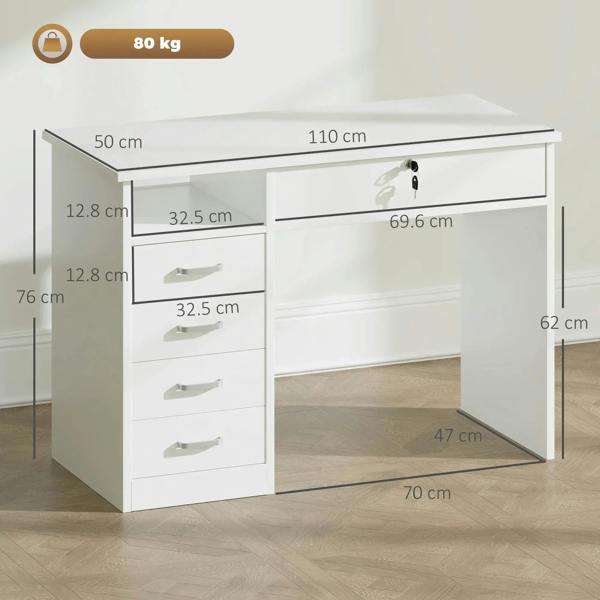 White computer desk with side drawer unit and open central storage compartment