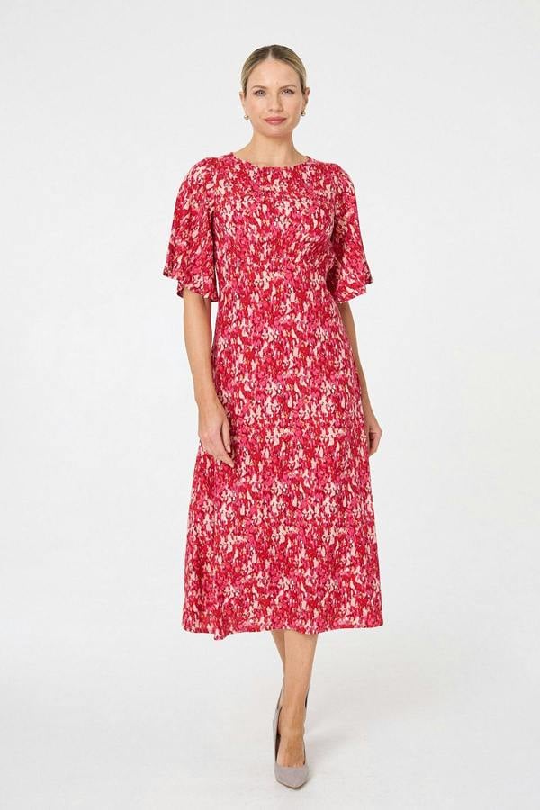 Red | Ditsy Floral 1/2 Flare Sleeve Midi Dress