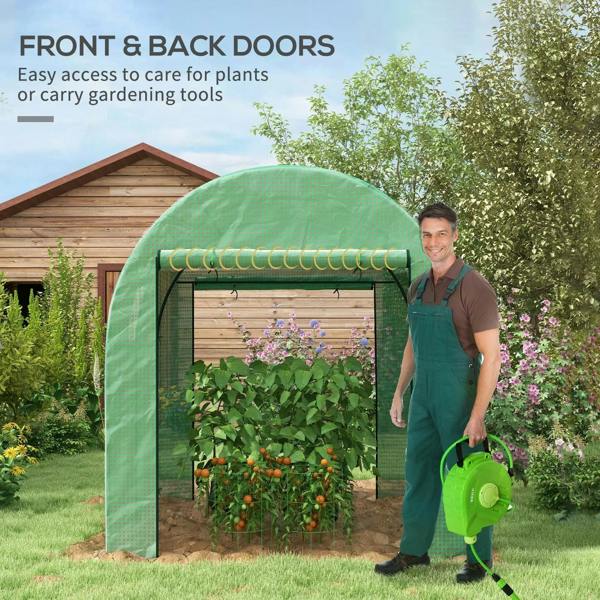 Green walk-in greenhouse with front and back doors on black metal base frame