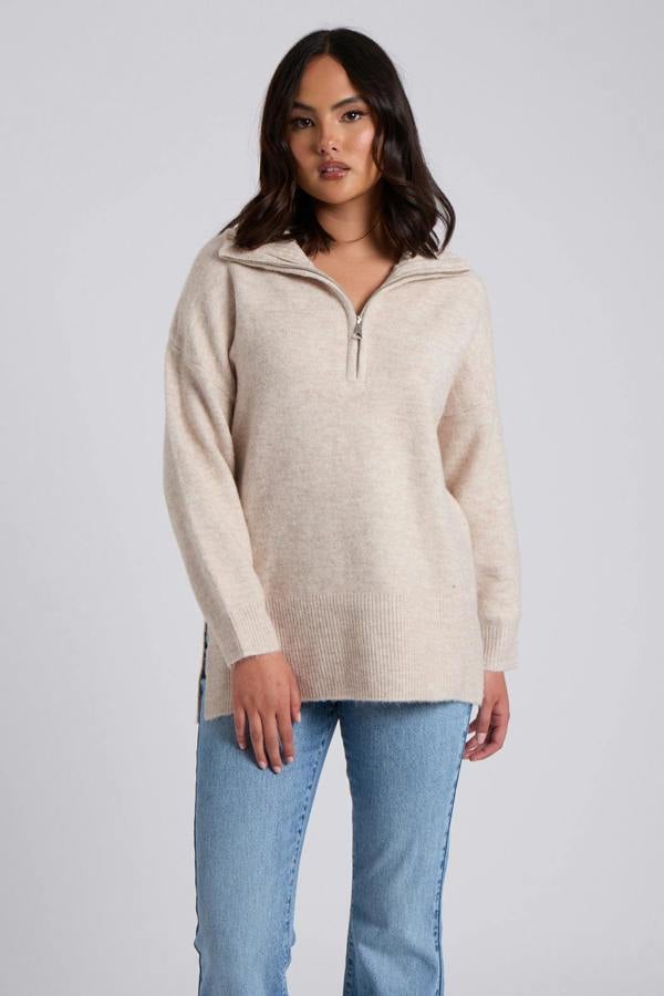 Urban Bliss Oatmeal Plain Oversized Half Zip