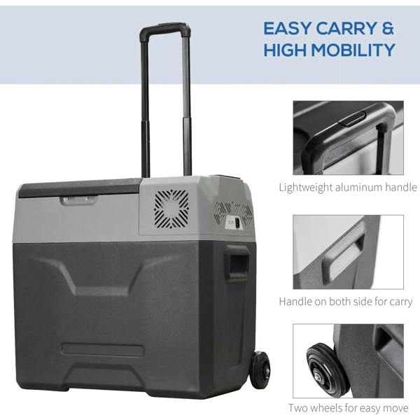 Grey portable cooler with telescopic handle and two wheels for easy rolling