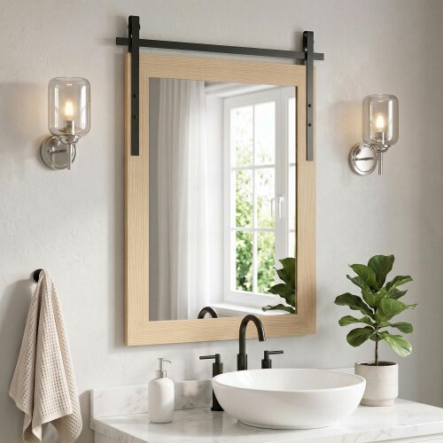 HOMCOM Farmhouse Rectangle Mirror, 86.5 x 61 cm, White Oak