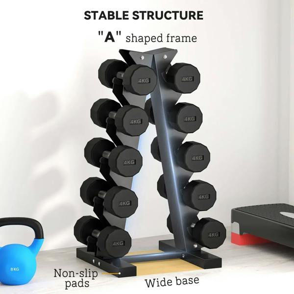 Black five-tier dumbbell stand with wide base and non-slip pads.