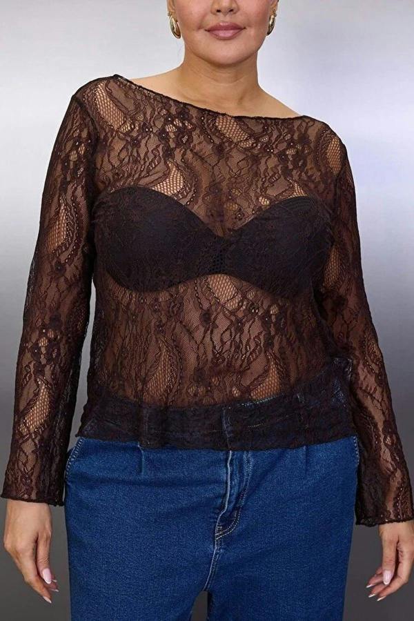 WOVCOR Regular Fit Boat Neck Lace Knit Plus Size Blouse