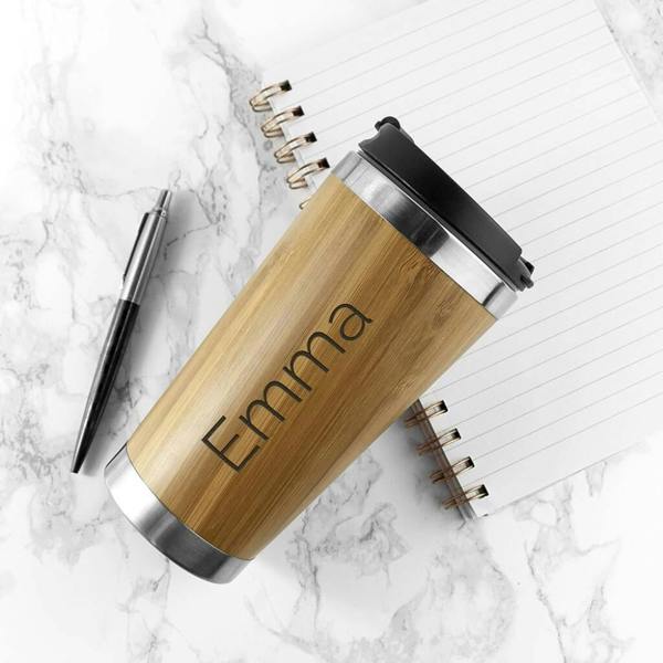 Personalised Bamboo Travel Mug - product in use