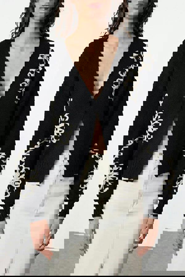 WOVCOR V-Neck Knit Cardigan with Embroidery Details