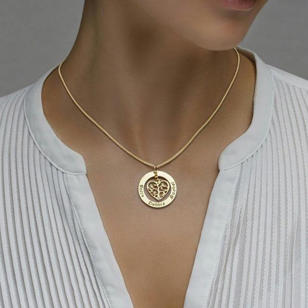 9ct Yellow Gold Plated Filigree Heart Tree of Life Family Necklace With Diamond  or crystal on a model.