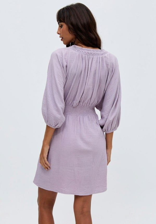 Soipoi Ruched V-Neck Mini Dress In Purple