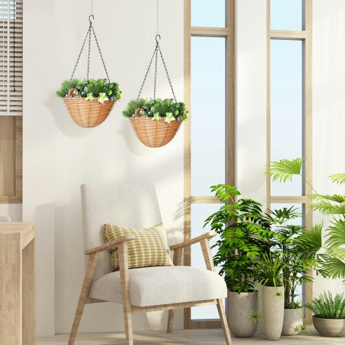 Wyld Haus Kabane Set Of 2 Hanging Artificial Lisianthus Floral Baskets With Pinecone Detail Green