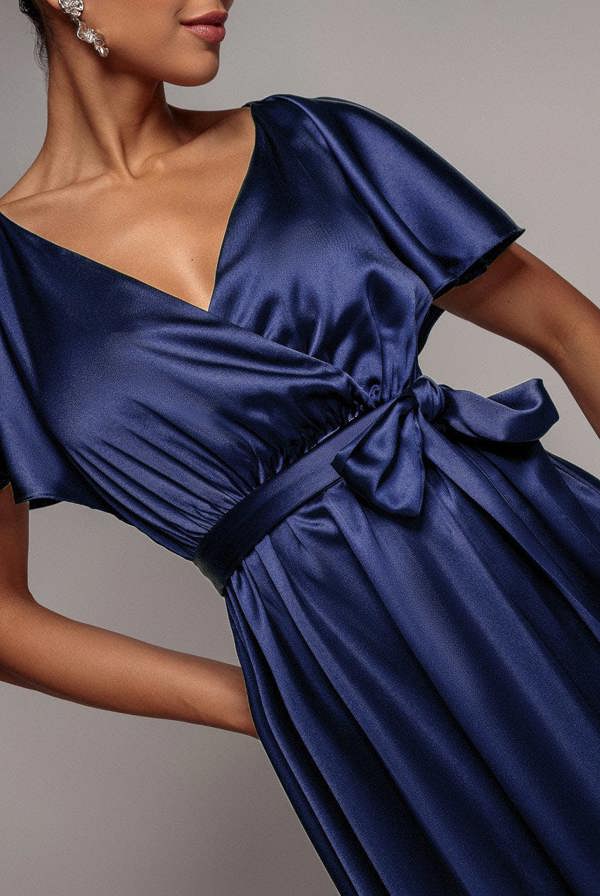 Satin Flutter Sleeve Wrap Maxi Dress - Navy Blue DR3640