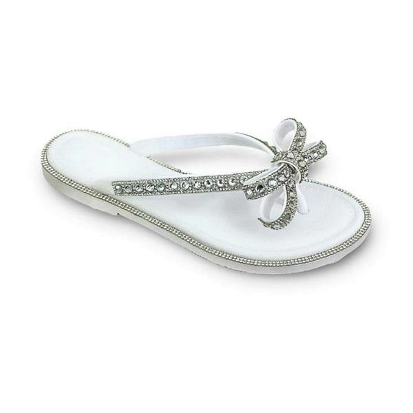 Crystal Glamour Bow Flip Flops Limited Edition White, focused on embellished Trim