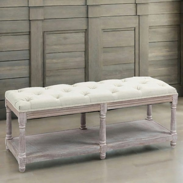 Rafaelo Mobilia Upholstered Wooden Bench Seat With Shelf Cream White