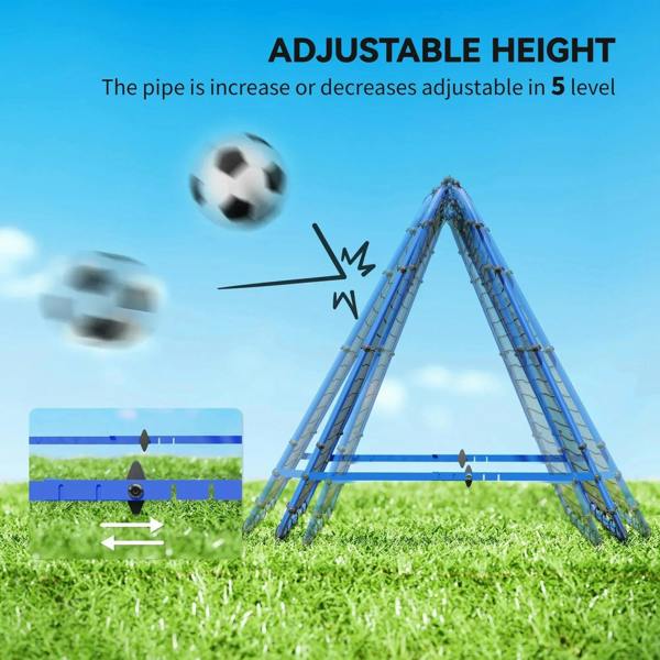 Blue adjustable-height football rebounder goal with angled steel frame