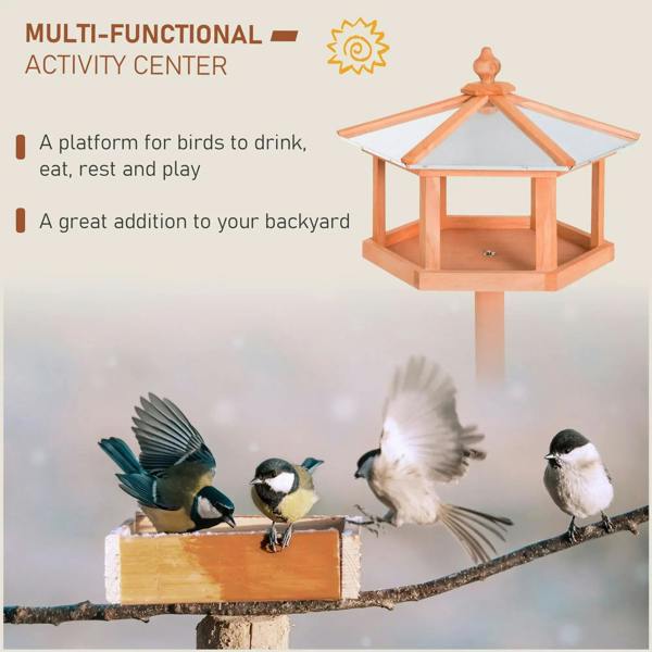Wooden bird feeder activity platform with hexagonal shelter on tall stand
