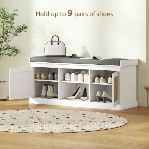 Wyld Haus Bafisa Wooden White Boho Shoe Bench With Cushioned Seat And Rattan Doors