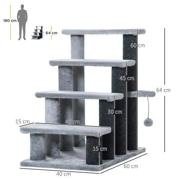 Grey 4-step pet stairs with plush scratching posts and platforms, hanging ball