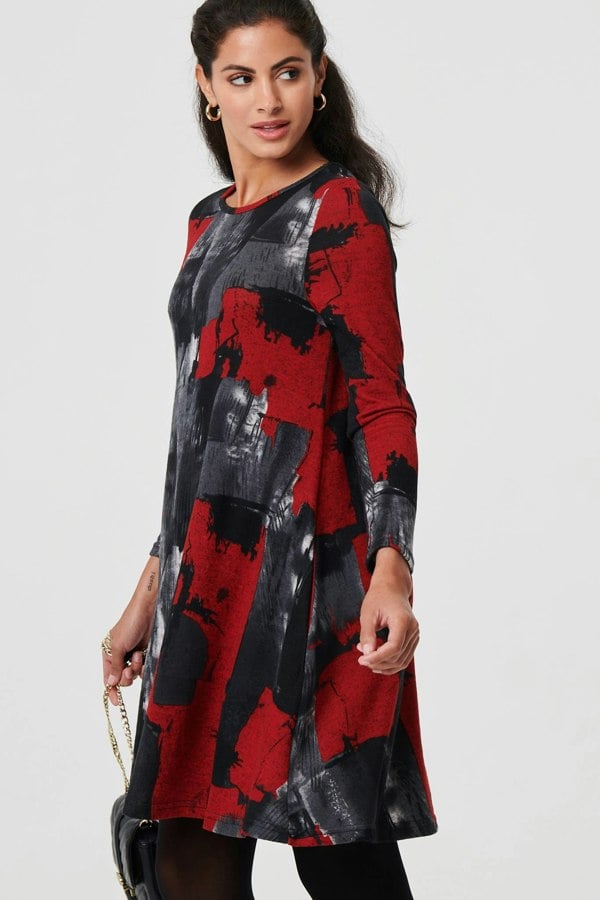 Red | Printed Long Sleeve Short Shift Dress
