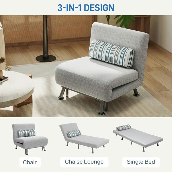 Light grey single sofa bed with striped pillow, shown in compact chair and bed views