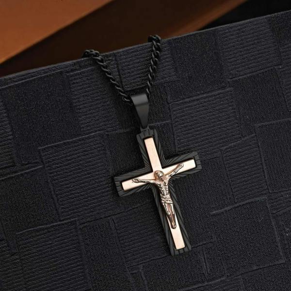 Large Rose Gold and Black Cross Pendant Necklace for Men - namana.london