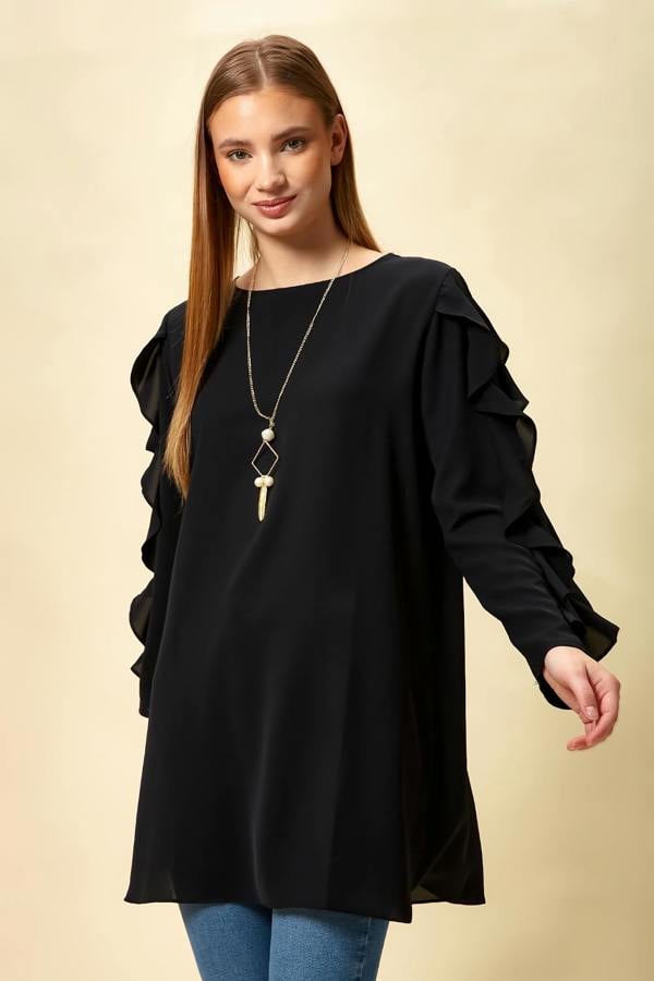 Hoxton Gal Oversized Ruffle Sleeve Relaxed Fit Tunic in Black