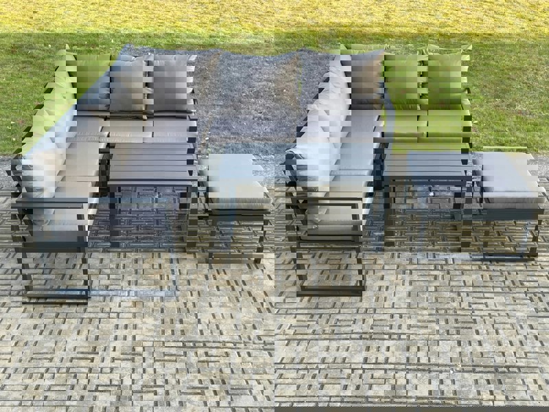 Fimous Aluminium Outdoor Garden Furniture Set Lounge Sofa Oblong Coffee Table Sets with Big Footstool Indoor Conservatory Set Dark Grey