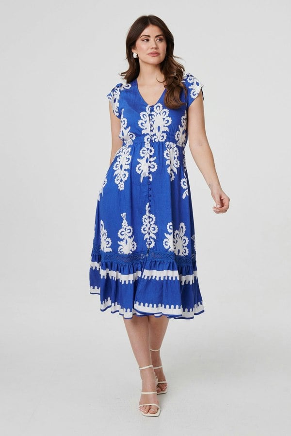 Blue | Ikat Print Cap Sleeve Lace Midi Dress
