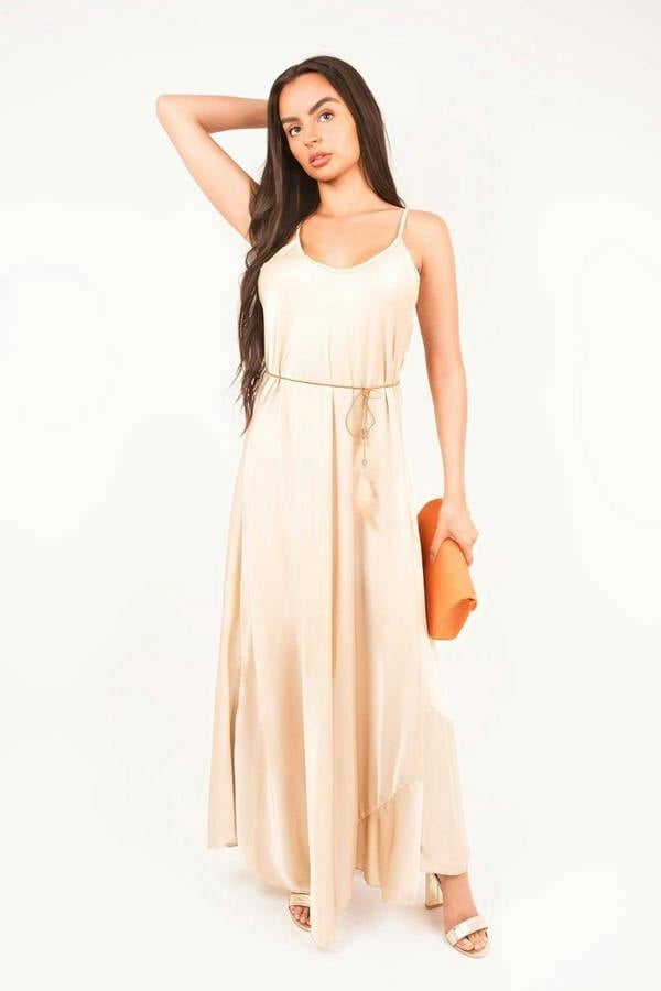 Liora Strappy Maxi Dress With Feather Tie Waist - Beige