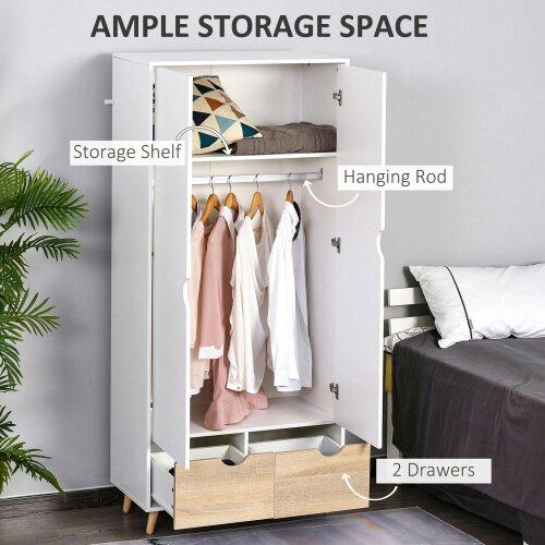 Wyld Haus Belamar White and Natural 2 Door Wardrobe With Hanging Rail 2 Drawers And Wooden Legs