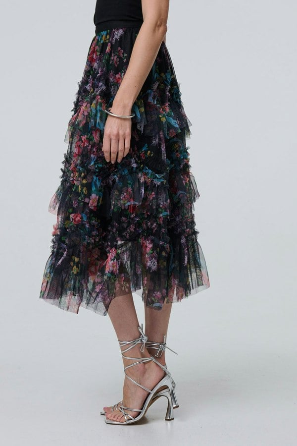 Black | Floral Semi Sheer Mesh Ruffled Midi Dress
